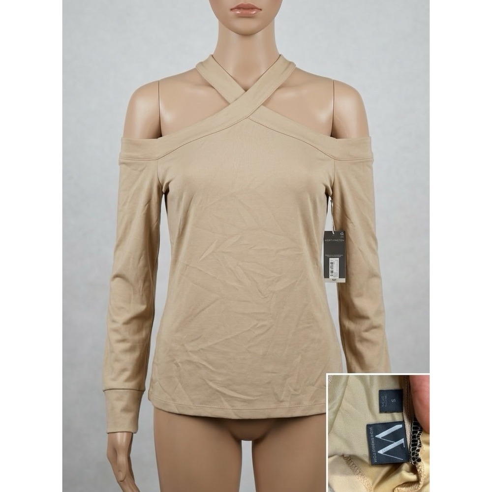Worthington Women Small Beige Crisscross Halter Cold Shoulder Top Long Sleeve